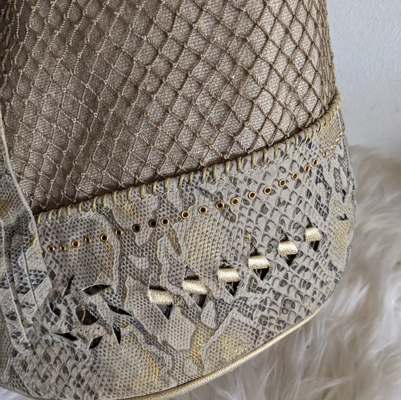 El Vaquero Beige Python Hobo Bucket Bag Purse Snakeskin Fishnet Linen - Picture 3 of 15